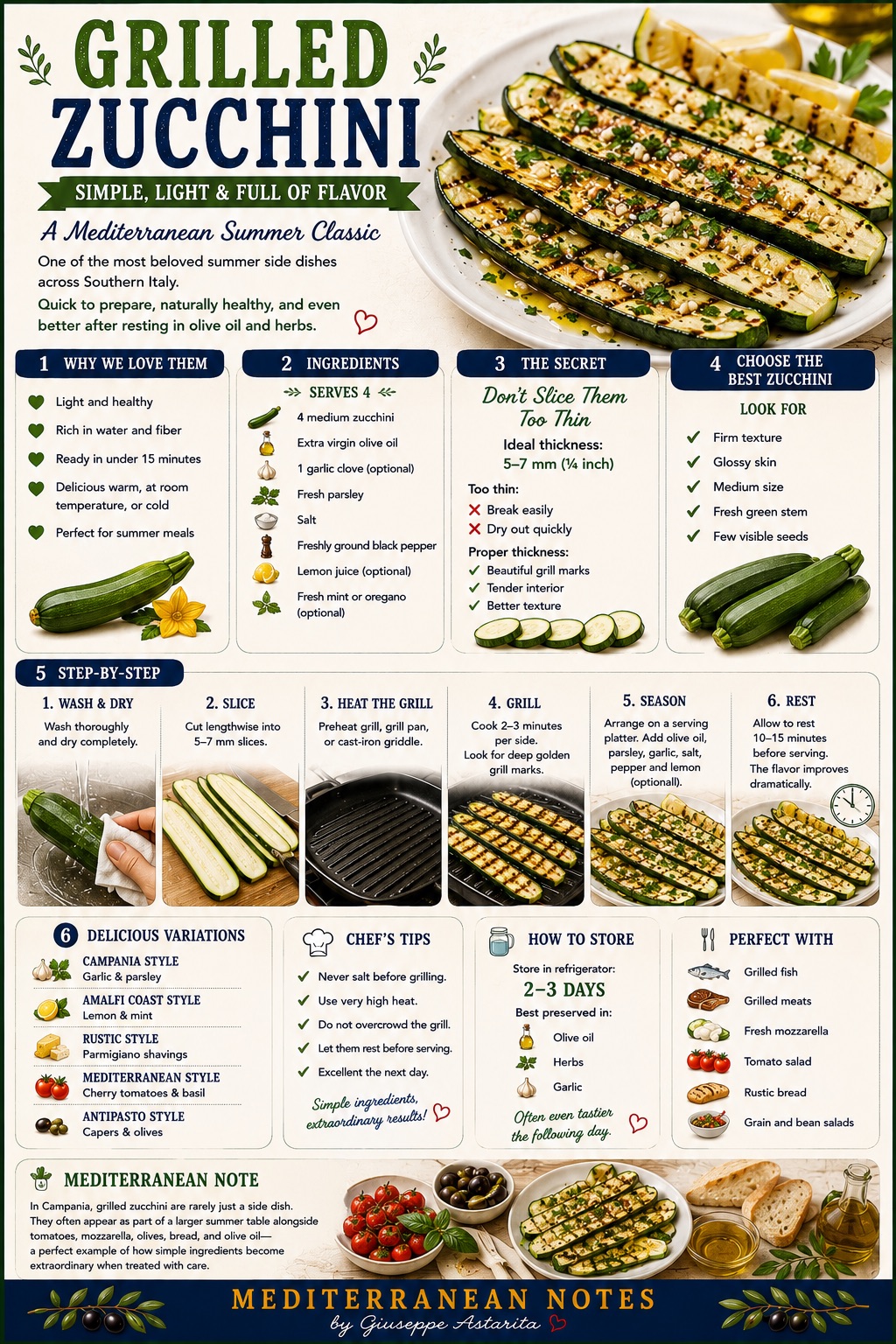 Zucchine grigliate — 5–7 mm, high heat, dress warm, rest