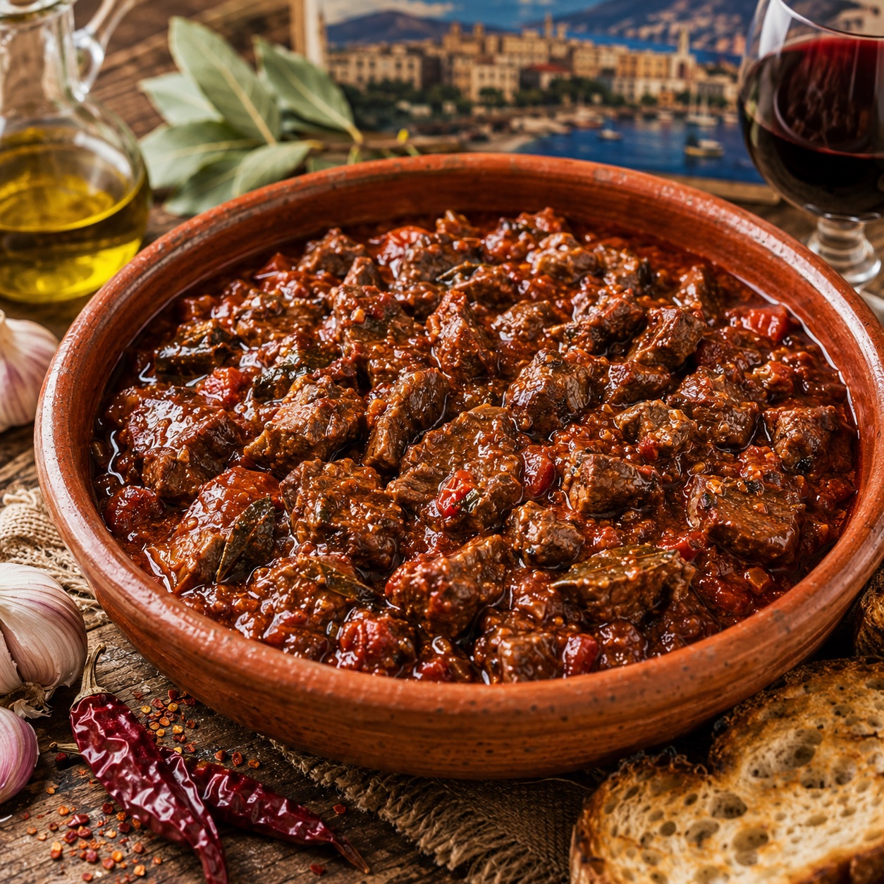 Zuppa di soffritto — dark spicy Neapolitan offal stew in a terracotta bowl with toasted bread
