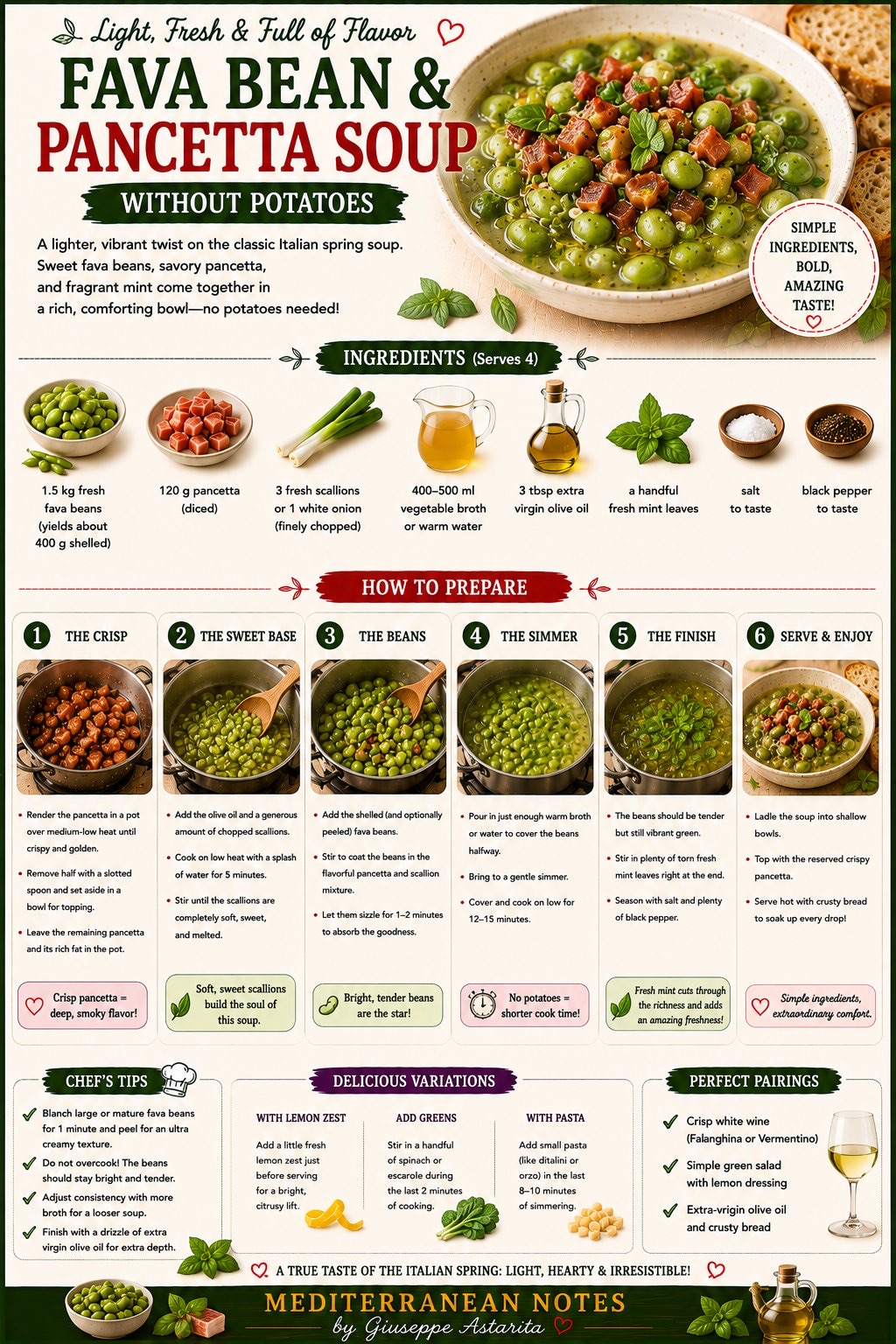 Fava bean and pancetta soup infographic — simple steps, bold flavor